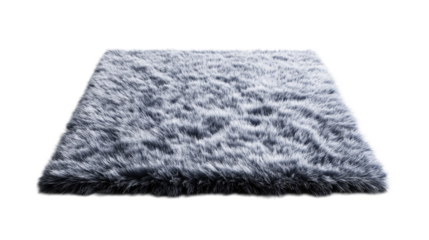 Gray shaggy rug, fur carpet on black, square shape, isolated, cut out transparent