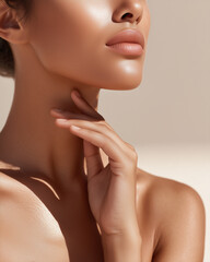 Close-up of female neck and shoulders with soft glowing skin on beige background.