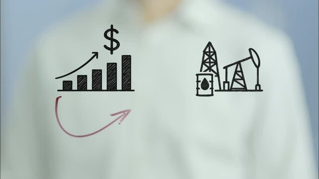 Businessman illustrating the correlation between oil extraction and increasing prices, drawing a rising graph and oil pump jack icons on a transparent whiteboard