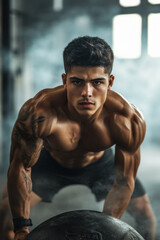 Fototapeta premium muscular young hispanic athlete demonstrating strength in gym, intense training. fitness and bodybuilding concept. athletic man, strength and determination. health and wellness, sports, lifting weight