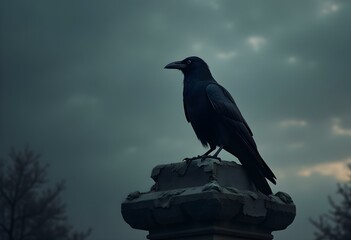 Fototapeta premium Raven Perched on a Crumbling Stone Statue at Twilight — Dark, Mysterious Fantasy Atmosphere