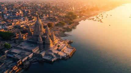 An aerial view of Dwarkadhish Temple, surrounded by serene waters, under the golden light of dawn
