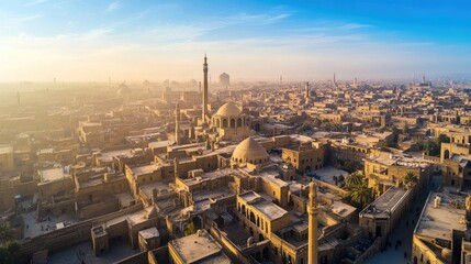 Fototapeta premium An aerial view of a majestic city with winding streets, minarets, and courtyards beneath a clear blue sky
