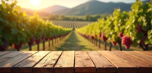 Naklejka premium Empty wooden tabletop with blurred vinery background. Row of grapevines in sunlight, nature landscape. Ideal for product display, wine promo. Countryside view, agriculture, food and drink concept.