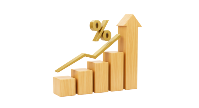Isolated Wooden Bar Graph with Percentage Sign and Arrow Up