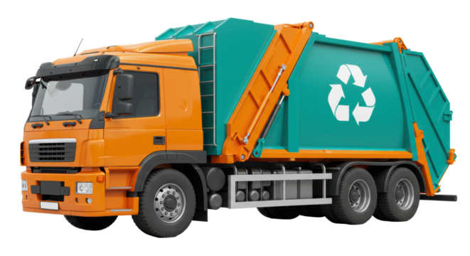 Isolated Orange Recycle Truck with Green Bin