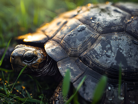 A close-up of a tortoises weathered shell, showing the intricate patterns and textures. The surrounding grass is dewy from the morning mist, and the soft
