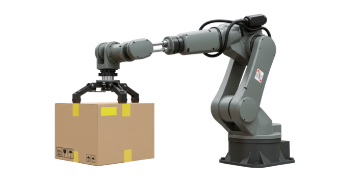 Isolated Robotic Arm Lifting Cardboard Box in Automated Warehouse