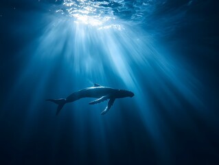 Fototapeta premium Underwater Shark Adventure: Exploring the Ocean's Dynamic Marine Life and Deep Sea Serenity