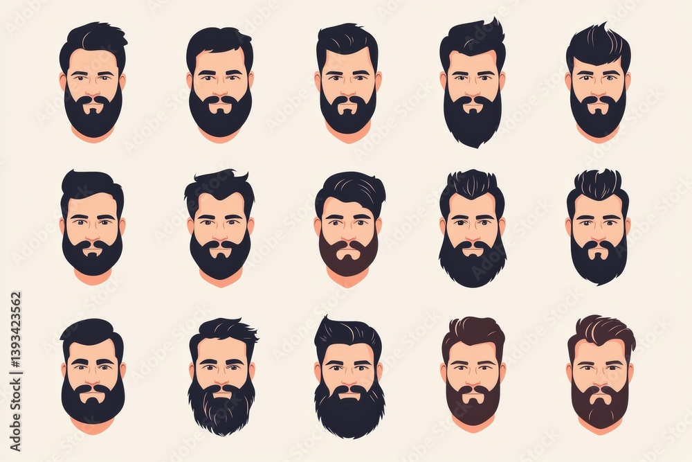 Poster explore various beard styles with flat icons showcasing diverse looks on a light neutral background 