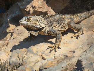 Fototapeta premium A close-up of an iguanas textured scales, shimmering in the sunlight as it moves slowly across the rocky terrain. The surrounding environment is dry and rugged, with the warm sun casting deep shadows