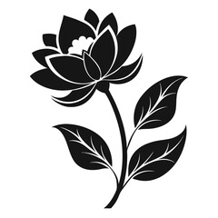 Single Lotus Flower Silhouette, Dark Blossom with Stem and Leaves, Isolated on White