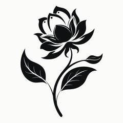 Elegant Black Flower Silhouette with Stem and Leaf Detail on White Background