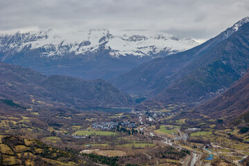Aerial view of Benasque, a small town in the mountain valley in the Spanish Pyrenees