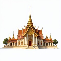 Fototapeta premium Thai temple illustration isolated on white background. Golden roof, traditional asian architecture. Buddhism religion, ancient landmark. Travel destinations.