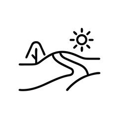 Sunny Landscape River, Hills, Tree, Desert, Nature, Icon, Simple, Line Art, Design