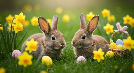 Fototapeta premium Cute Easter Bunnies with Colorful Eggs and Spring Flowers in Meadow