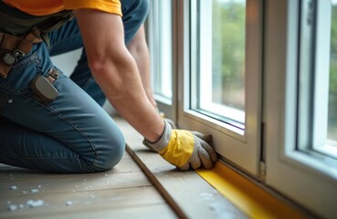 Worker kneels applying sealing foam tape to window base. Focus on precision, attention, detail. Home improvement, energy efficiency, thermal barrier, draft prevention. Residential repair renovation.