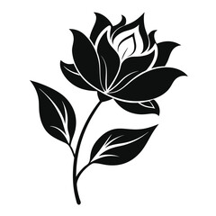 Stylized Rose with Stem and Leaves Black Silhouette Floral Design on White