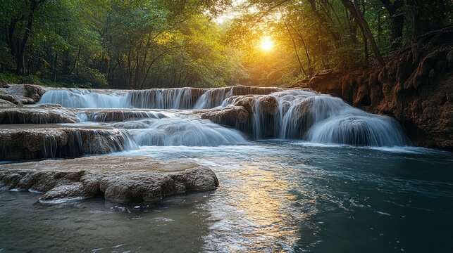 Serene waterfall cascading through a lush tropical forest at sunrise.