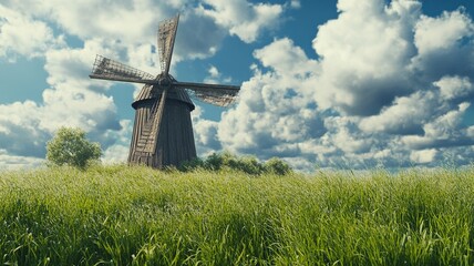 A detailed countryside windmill with wooden planks and rope mechanisms, surrounded by grazing sheep in a lush green pasture under a golden sunset sky.

