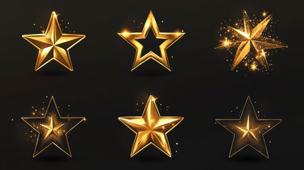 Obraz premium Six golden stars with sparkles and glow effects on black background.