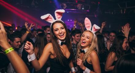 Women in bunny ears dancing at crowded nightclub