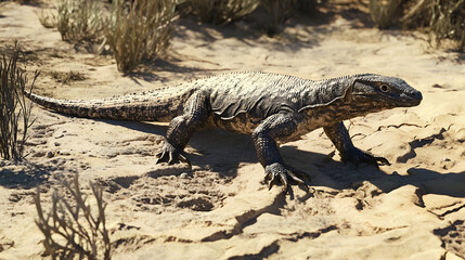 Fototapeta premium A large monitor lizard slowly moving across a dry, cracked riverbed. Its long tail sways as it walks, and the harsh sunlight casts shadows across