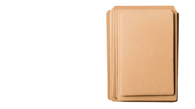Stack of blank, tan folder, stationery supplies, tabbed dividers, cut out transparent