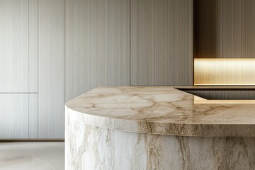 Modern kitchen island with a curved marble countertop and sleek, textured wood cabinetry.