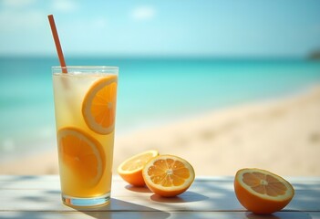 Obraz premium Refreshing Cold Drink with Citrus Slices on a Beachside Table — Tropical Summer Vibes and Vacation Refreshment