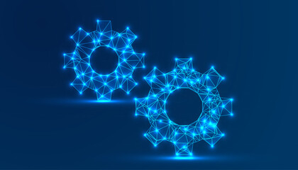 Low Polygonal vector illustration of a mechanism, Gear, Setting icon isolated on a blue background	