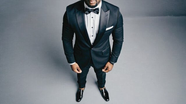 A formal gentleman poses for a photo shoot, dressed in a sleek black tuxedo