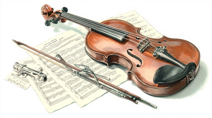Obraz premium A traditional violin, including its bow and music, used in orchestras. 