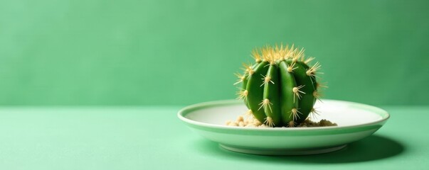Small cactus on white ceramic plate with green rim, desert, green