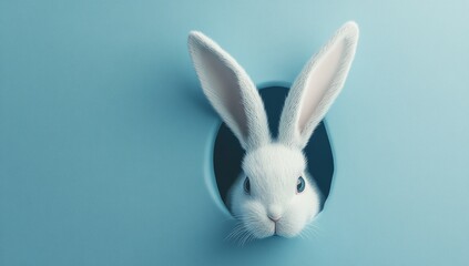 Obraz premium A white rabbit peeking through a torn hole in a light blue surface, looking directly at the viewer. Playful and curious.