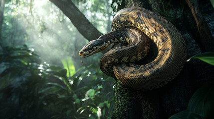 A python wrapping itself around a large tree trunk, its body smooth and sleek as it navigates the jungle. The surrounding environment is filled with dense vegetation, creating a vivid, lush atmosphere
