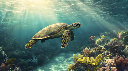 Obraz premium A sea turtle gliding gracefully through the clear, warm ocean water, its greenish shell reflecting the sunlight. The coral reef below teems with vibrant marine