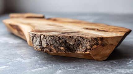 A uniquely made wooden board for serving, featuring a natural, uneven edgea quality, handmade kitchen item.  