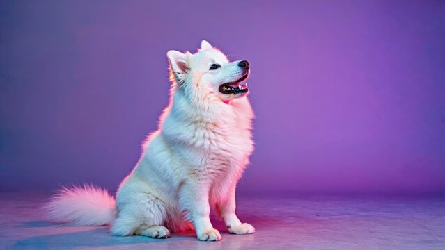 A white dog sitting on a purple background, available for various uses