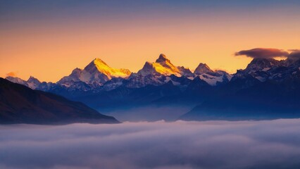 A picturesque scene of a mountain range with clouds in the foreground, perfect for use in travel or landscape photography