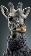 Obraz premium Photo of a giraffe wearing a detailed knitted sweater, styled in a sophisticated manner. The contrast between the animal and fashion elements creates a whimsical and creative impression.