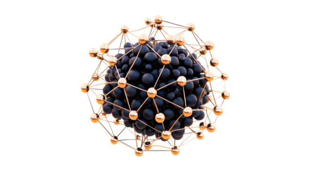 Molecular Structure with Black Spheres and Golden Connectors, cut out transparent - Powered by Adobe