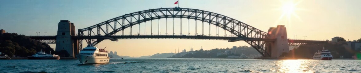 Fototapeta premium Vessel sails beneath the suspension bridge's arches, vessels, maritime