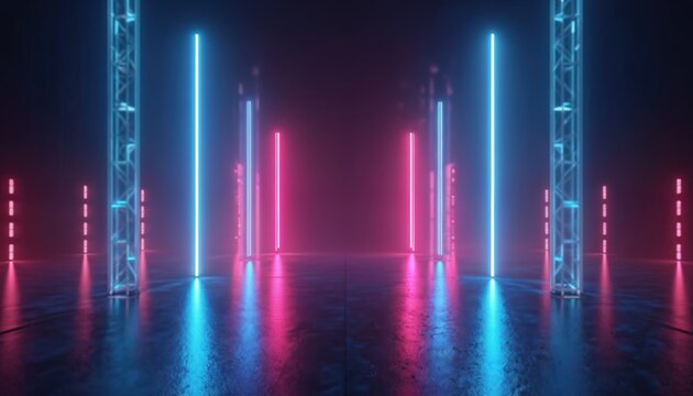 Abstract neon lines background with pink and blue glowing lights in cyberspace. Futuristic wallpaper in ultraviolet spectrum. Modern technology, laser show for music concert, performance stage.
