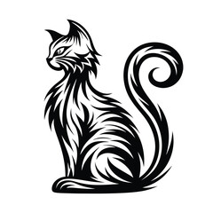 a cat sitting with a curled tail silhouette