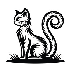 a cat sitting with a curled tail silhouette