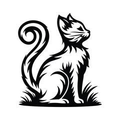 a cat sitting with a curled tail silhouette