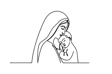 Madonna And Child Continuous Line Drawing Minimalist Vector Illustration Isolated