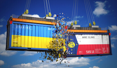 Obraz premium Cargo containers with flags of Ukraine and Wake Island - 3D illustration
